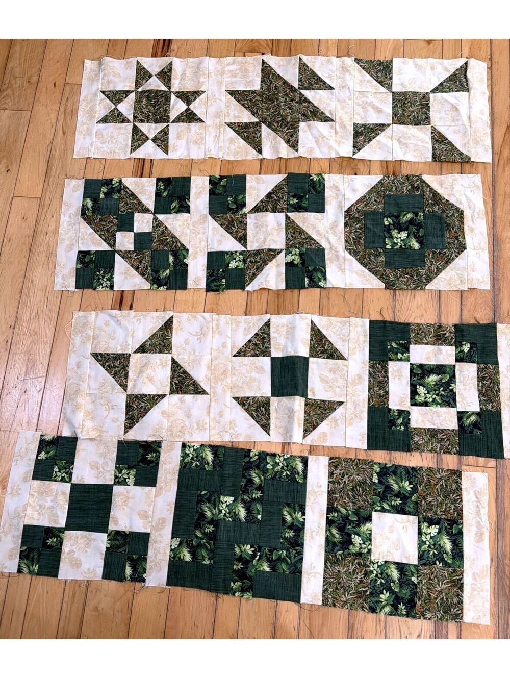 Lot 12 Handmade Quilt Blocks Green Beige  Pieced Patchwork Unfinished Crafts 11”